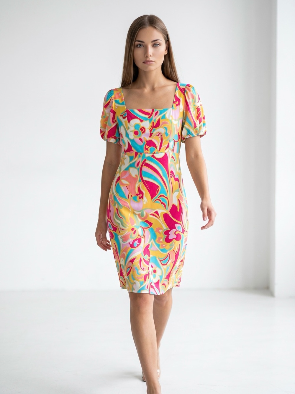 🌻Emily Wonder Colorful Geometric Pattern Midi Length Short Sleeve Dress Size S